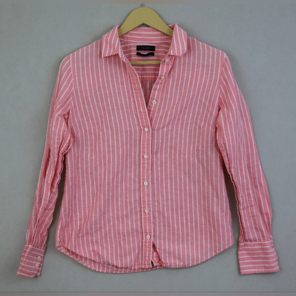 J. Crew Tops - J. Crew "Perfect" Pink/White Striped Button Down Size 6